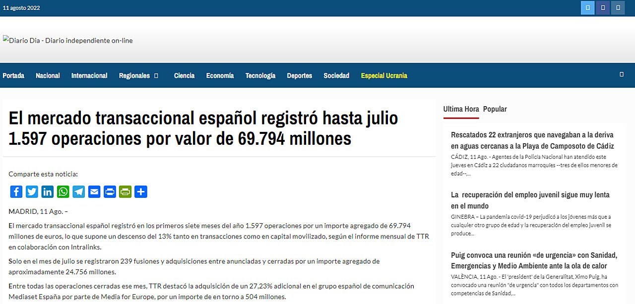 El mercado transaccional espaol registr hasta julio 1.597 operaciones por valor de 69.794 millones